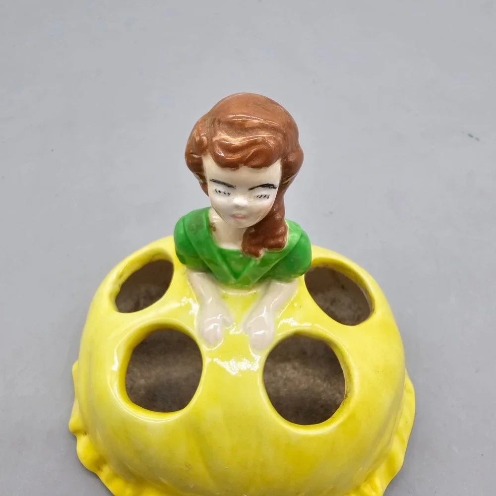 Vintage 1974 Lana Signed Ceramic Girl Flower Frog Figurine Yellow Green Dress